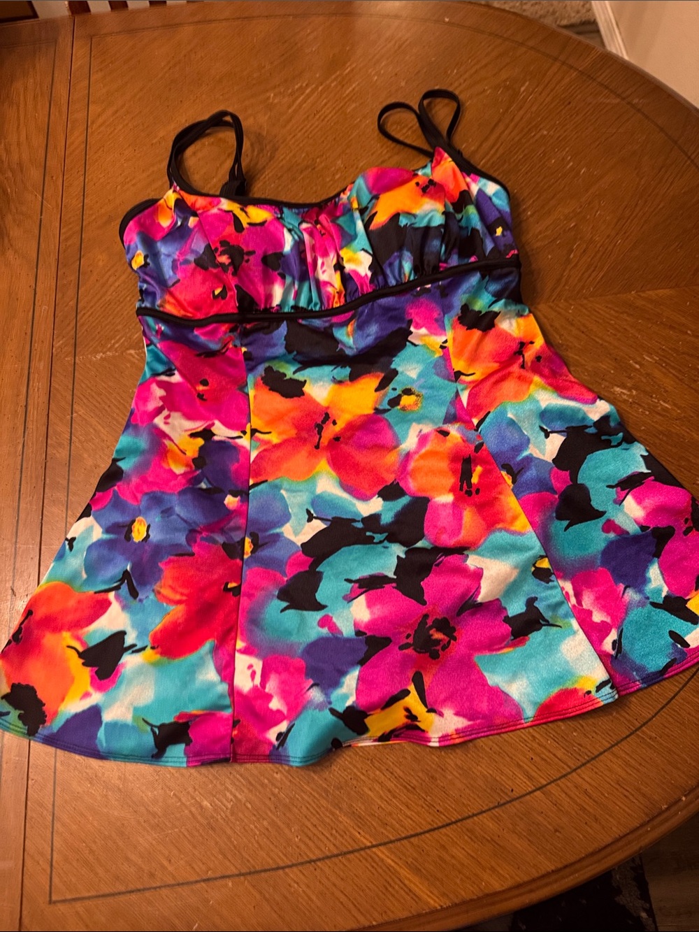 Longitude Empire Waist Babydoll Neon Floral Print Swimdress Size 14 NWOT